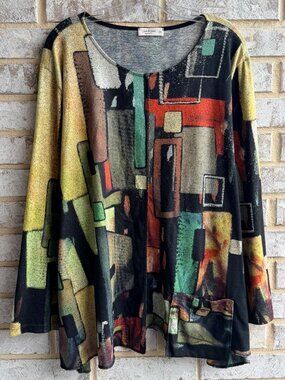 Jess & Jane Long Sleeve Round Neck Multicolor Abstract Blouse Women's Size 2X